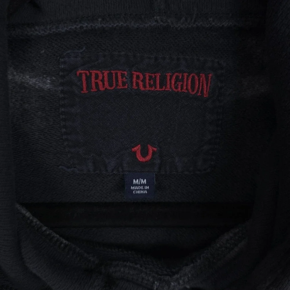 True Religion Distressed‎ Hoodie Mens Medium Gray Pullover Sweatshirt Grunge Y2K